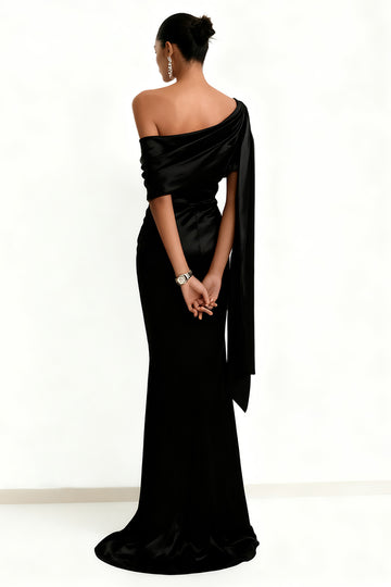 Black One Shoulder Sheath Ruched Evening Dress with Cape